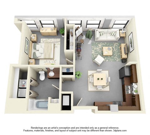Floor plan for 1 bed, 1 bath, 768 sqft